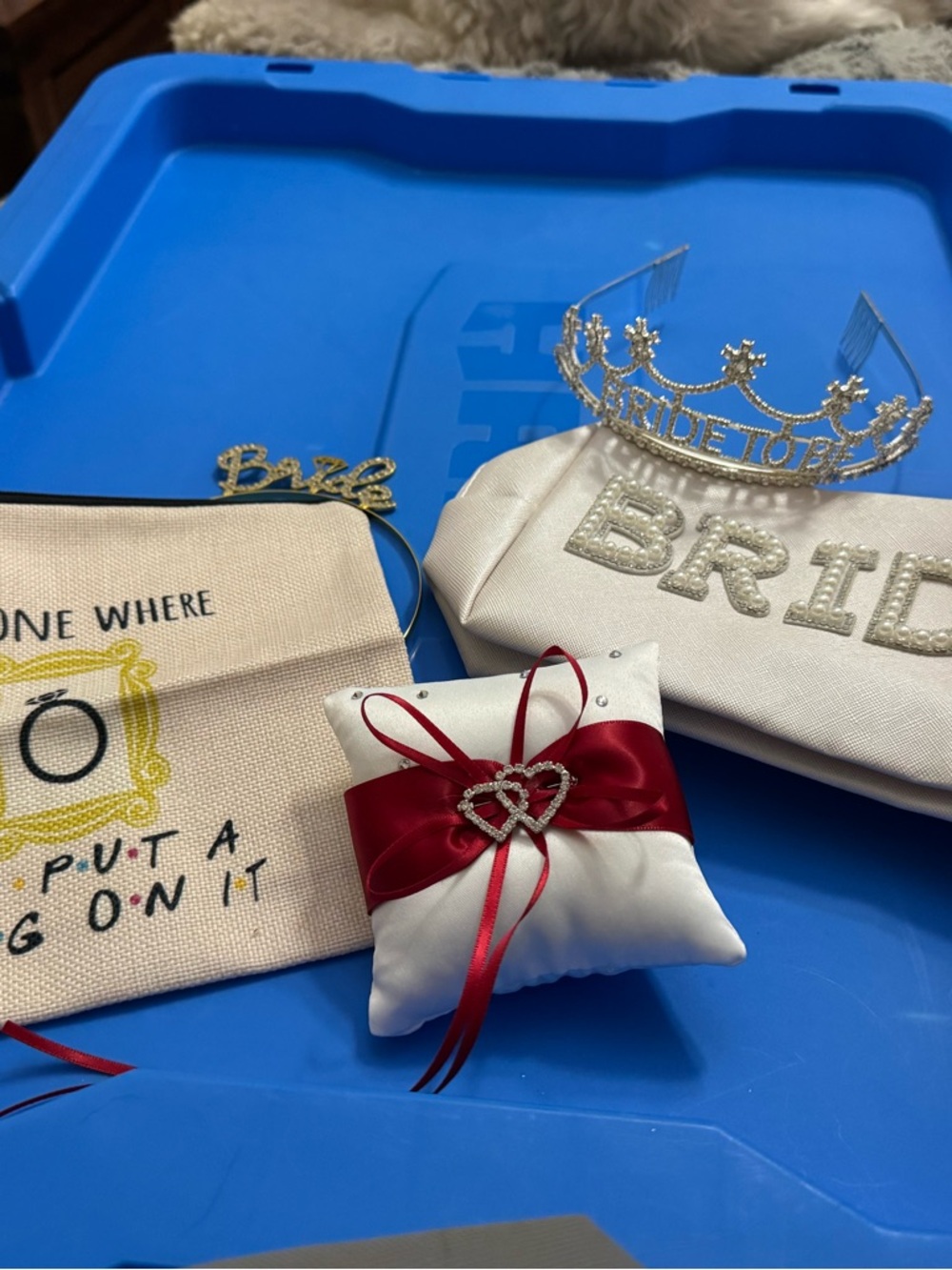 Bachelorette Bride Tiara, Ring Bearer Pillow & Bridal Pouches - White and Red